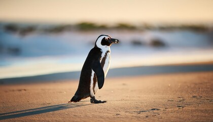 Fototapeta premium Vibrant African Penguins Frolicking on Sandy Shores amidst Summers Sunlit Coastline, Capturing the Joyful Mood of a Serene Beach Scene.