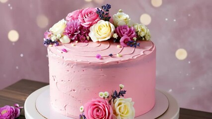 A beautifully decorated pink cake adorned with fresh flowers, symbolizing celebration and artistry in culinary presentation.