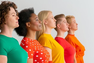 Five diverse women standing in profile lineup with colorful attire