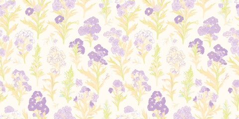 Handcrafted Floral pattern with light purple and yellow-green elements on cream background, for gift wrap and wallpaper