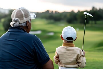 Elderly caucasian male and young child enjoying golf on a sunny day