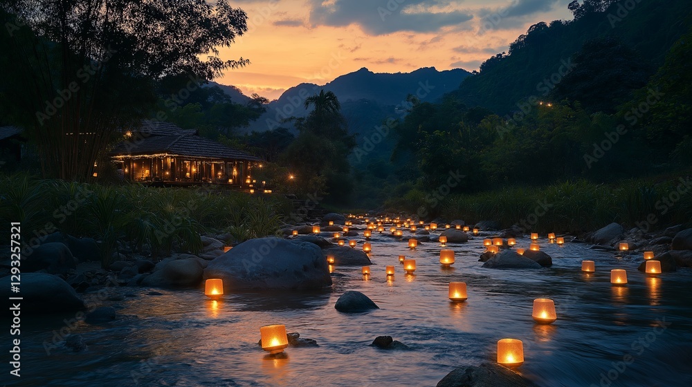Poster a hidden valley with floating lanterns lighting up a river at dusk