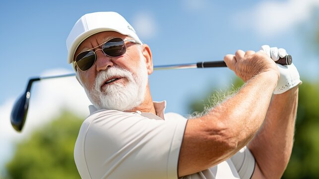 Elderly caucasian male golfer swinging club outdoors on sunny day