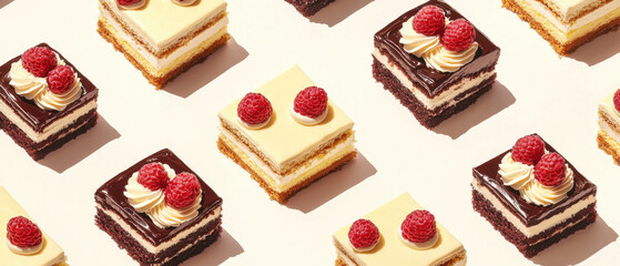 Layered cakes with chocolate and cream, topped with raspberries, arranged beautifully