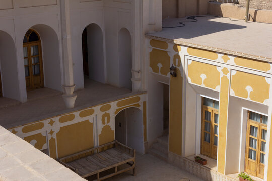 Rooftop view of an antique Persian house made with adobes or mud bricks in Abarkouh, Yazd, Iran. 