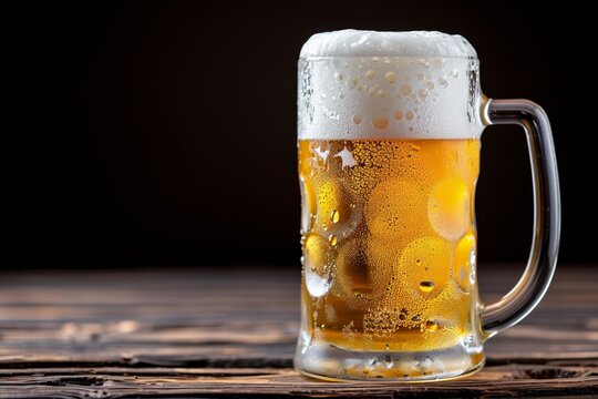 Chilled beer mug with foam on wooden surface against dark background