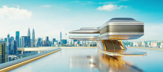 Obraz premium 3D Futuristic building overlooking kuala lumpur skyline on rooftop terrace