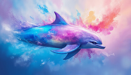 Fototapeta premium A colorful dolphin is flying through the air with a splash of paint behind it. The image is vibrant and full of energy, conveying a sense of freedom and joy