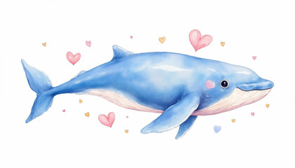 Fototapeta premium A blue whale with pink hearts surrounding it. The whale is smiling and has a heart on its nose