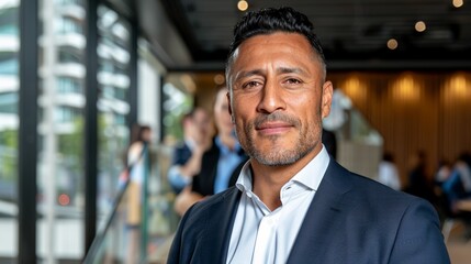 Obraz premium Confident hispanic male in business attire at modern office setting