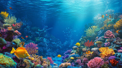 Obraz premium A magical coral reef with vibrant sea creatures and hidden treasures