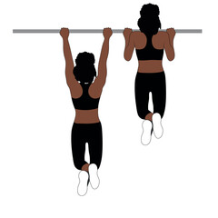 A Black African woman in black clothing doing back pull ups exercise . Flat vector illustration isolated on white background	
