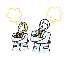 シンプル　イラスト　腕組みをして考え事をする学生の男女