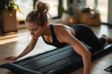 A girl is pumping her abs on a sports mat at home - home fitness. 