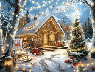 Fototapeta premium Magical Christmas Cabin in the Snow