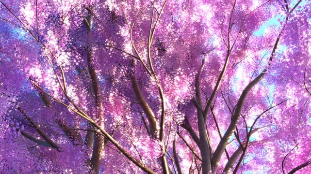 Blooming cherry blossom tree swaying by wind with sunlit and blue sky seamless loop animation created by 3D cartoon like style shader effects.