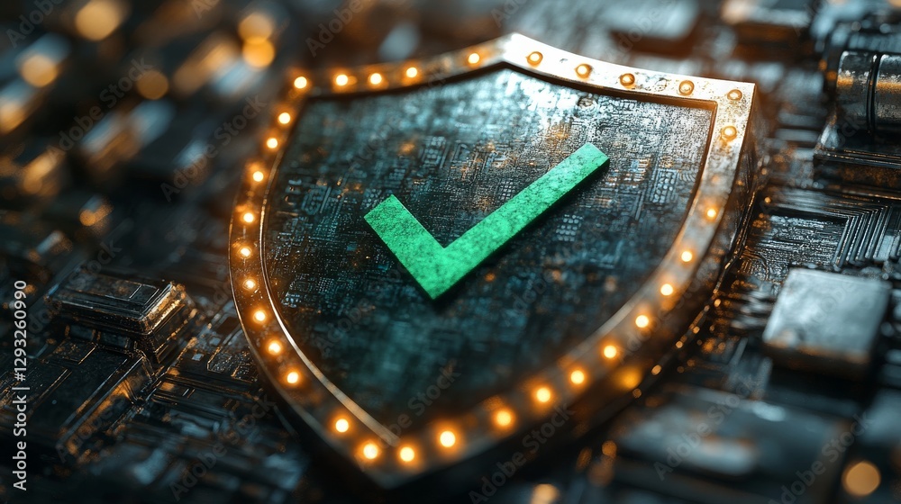 Leinwandbilder illuminated shield with checkmark icon on a circuit board in warm light, symbolizing digital securit