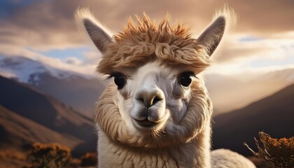 Obraz premium Andean Majesty Alpaca Standing against the Backdrop of a SunsetStreaked Sky, with Brown Fur Glowing Under the Soft Light in the Highland Plateau, Showcasing the Timeless Beauty and Grace of this