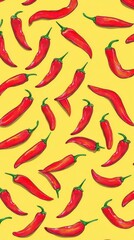 Chili Peppers Pattern on Yellow Background - Vibrant Food Illustration
