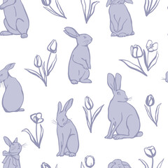 Hand drawn different rabbits and tulips on white background seamless pattern