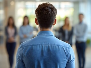 Fototapeta premium A man in a blue shirt thoughtfully observing a group of people engaged in animated discussions