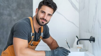 Skilled carpenter working on a modern bathroom renovation project with tools in hand, smiling at the camera in a stylish workspace