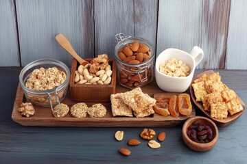 Fototapeta premium A selection of healthy snacks: nuts, dried fruits, seeds .