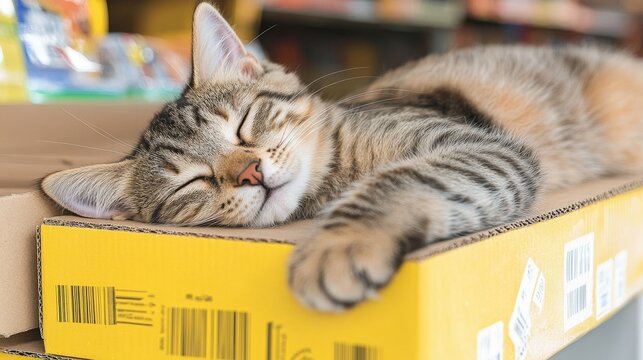 Cute tabby cat sleeping peacefully on yellow cardboard box in pet store