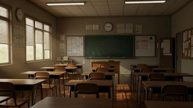 Empty classroom with wooden desks and chairs, blackboard and educational posters in a well-lit school interior.