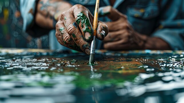 Close-up of african male artist painting with brush on canvas