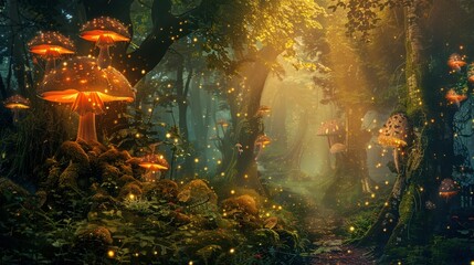 Obraz premium Magical Forest with Glowing Mushrooms and Fairy Lights at Twilight