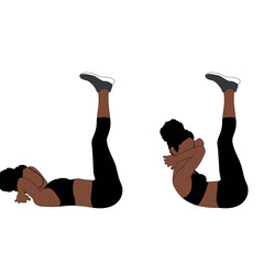 A Black African woman in black clothing doing raised leg crunches exercise. Flat vector illustration isolated on white background