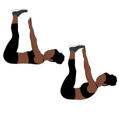 A Black African woman in black clothing doing raised leg crunches exercise. Flat vector illustration isolated on white background