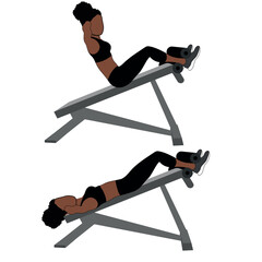 A Black African woman in black clothing doing decline bench sit ups exercise. Flat vector illustration isolated on white background	