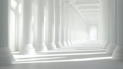 Obraz premium White Columns Hallway, Sunlight, Perspective, Architectural Interior, Ideal for Presentation
