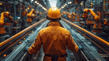 A manufacturing engineer inspecting an automated production line, robotic arms assembling products, high-tech factory setting


