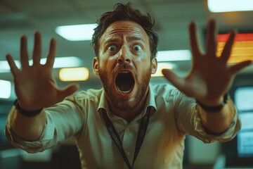 Frightened Bank Teller Reacting to a Financial Crisis in the Office, shock, urgency, loss