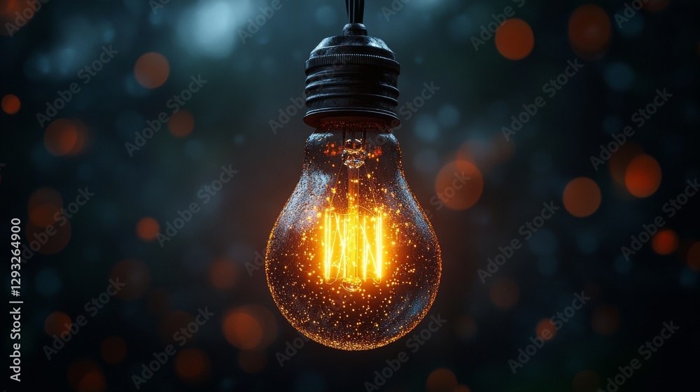 Aufkleber glowing incandescent light bulb with warm filament against blurred bokeh background. illumination an