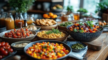 A beautifully arranged flat lay of a gourmet meal with vibrant colors, featuring a variety of dishes, fresh ingredients, and elegant tableware, set on a rustic wooden table

