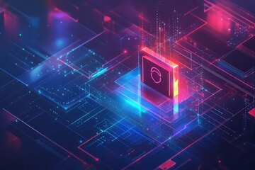 A modern and sleek digital background illustrating secure cloud computing with a lock icon.