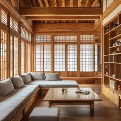 Beautiful wooden structure of a wooden room and its furniture