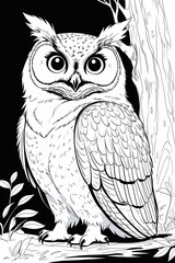 Fototapeta premium Magical Owl in a Forest Scene Black Line Art for Childrens Coloring Books and Activity Pages Simple Drawing Illustration Design