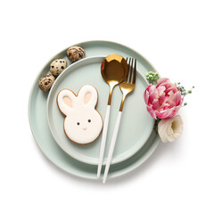 Stylish table setting with sweet cookie, quail eggs and beautiful flowers on white background