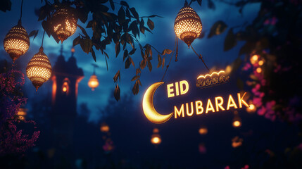 Eid Mubarak Night Festive Golden Lanterns Hanging Decoration Magical Crescent Moon Warm Lights Illuminated Nighttime Celebration Beautiful Background Design  Holiday Greeting Card Joy Arab Hope Glow  