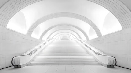 Fototapeta premium White escalator stairs ascending in modern building