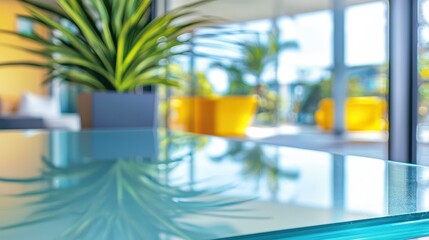 Modern Interior Design with Glass Table and Green Plants in Focus