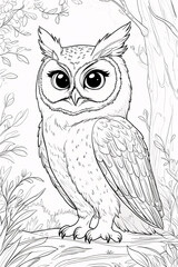 Obraz premium Adorable Little Owl Bird Sitting Among Trees Black and White Line Art for Childrens Book Covers and Color Pages Simple Drawing Illustration Design