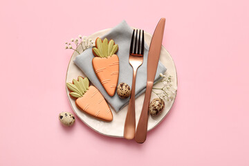 Beautiful table setting with sweet cookies, quail eggs and gypsophila flowers on pink background....