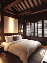 An Oriental Bedroom with Wood Finishes and a Spacious Bed