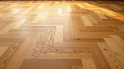 Sunlight Illuminates a Warm and Inviting Herringbone Wood Floor Pattern Featuring a Variety of Light and Medium Brown Hues